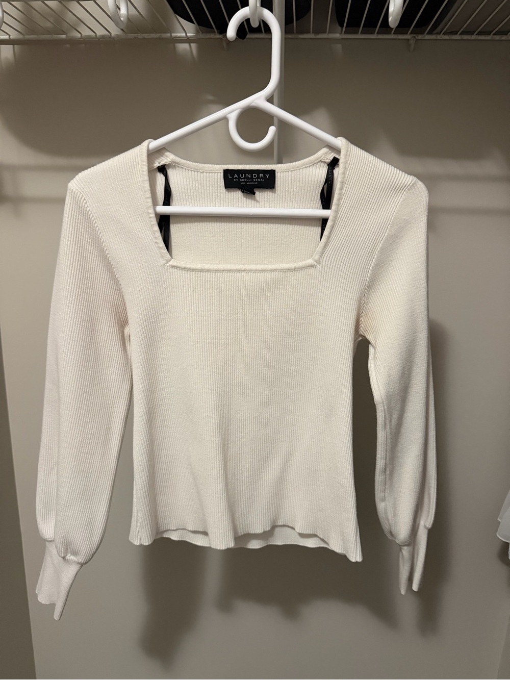 Laundry By Shelli Segal Cream Ribbed Square-Neck Long Sleeve Top